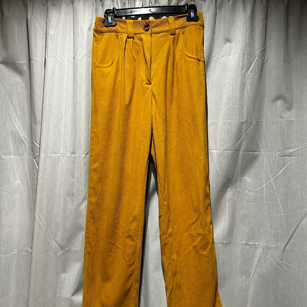 Mid Rise Button Zipper Side Pocket Corduroy Casual Pants Mustard Yellow Trousers